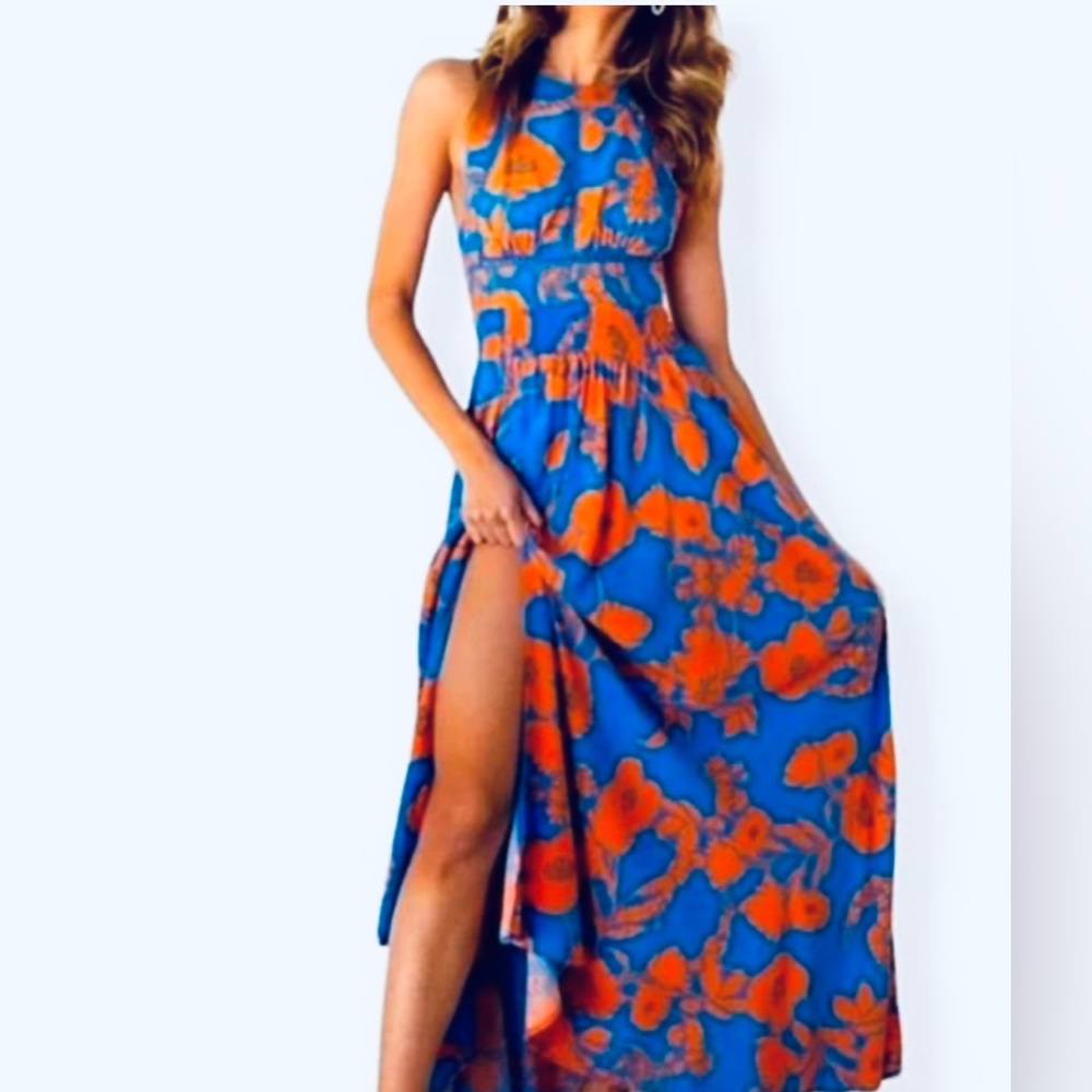 Blue and Orange Floral Maxi Dress